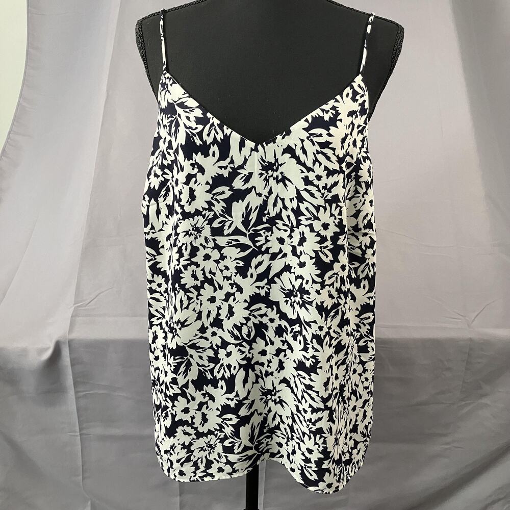 H&M Tank Top Womens Large Black White Floral Strappy V‎ Neck Lined Cami Blouse